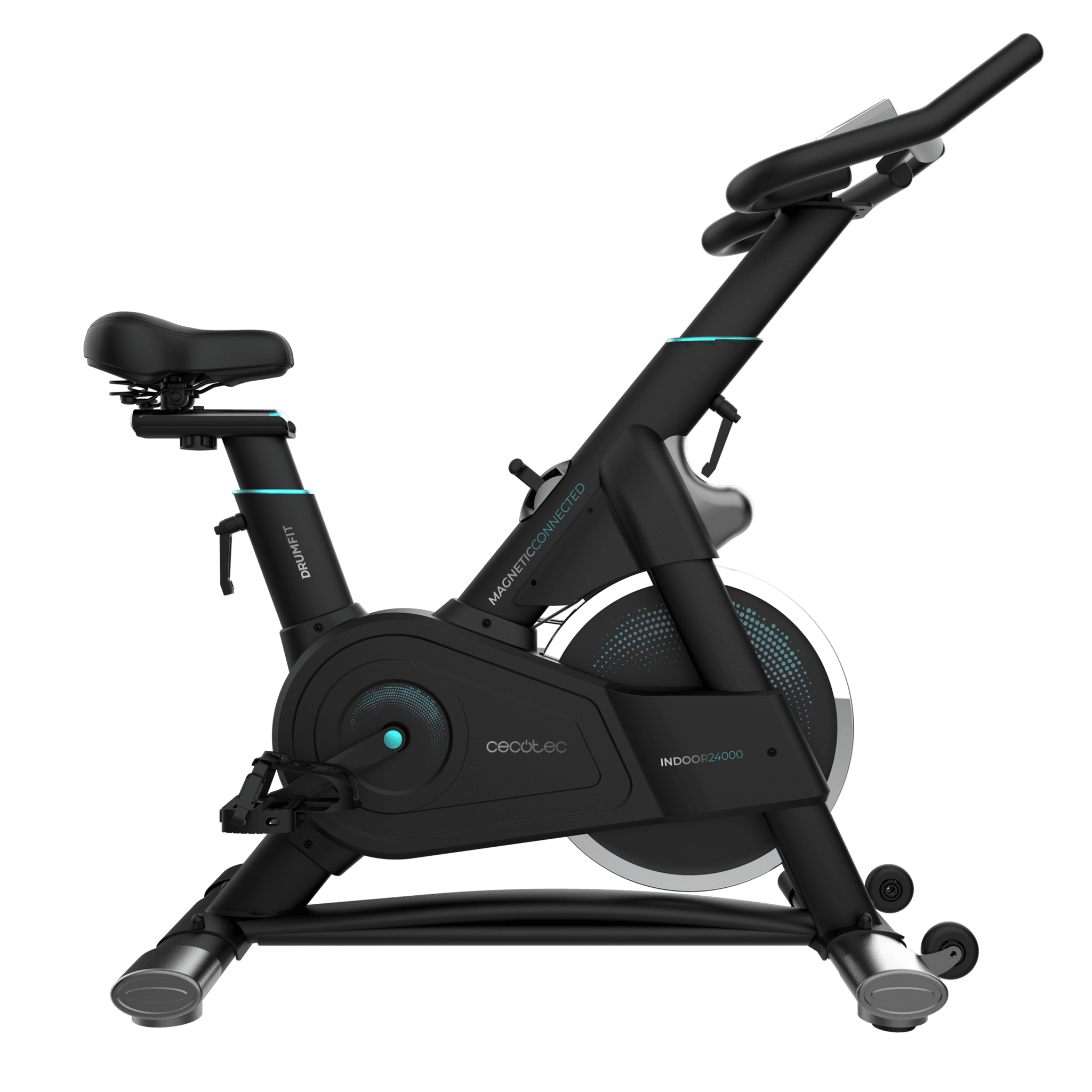 DrumFit Indoor 24000 Magnetic Connected Bicicleta indoor con sistema de resistencia magnética con volante de inercia de 24 Kg. APP. 8 niveles de resistencia. Pantalla LCD. Soporte para dispositivos. Pulsómetro. Ruedas de transporte. Sillín y manillar regulables. Peso máximo de 120 kg y altura máxima 190 cm.