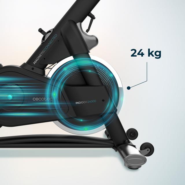 DrumFit Indoor 24000 Magnetic Connected Bicicleta indoor con sistema de resistencia magnética con volante de inercia de 24 Kg. APP. 8 niveles de resistencia. Pantalla LCD. Soporte para dispositivos. Pulsómetro. Ruedas de transporte. Sillín y manillar regulables. Peso máximo de 120 kg y altura máxima 190 cm.