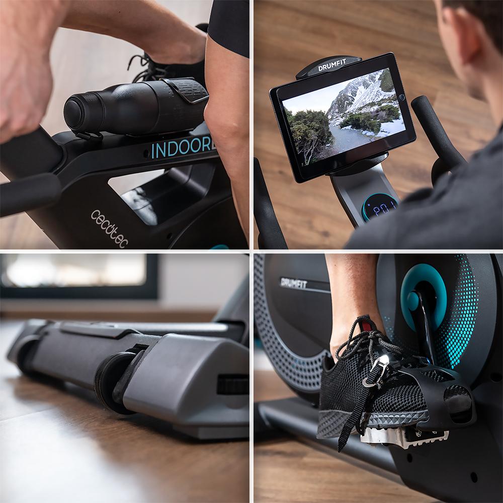 Detalles de soporte, pedales y ruedas de transporte DrumFit Indoor Eolo