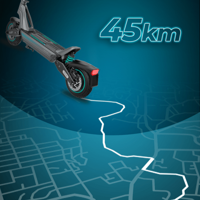 Bongo Serie Y45 Patinete eléctrico con motor de 750 W (350 W nominal) y autonomía de 45 km. Ruedas de 10” y doble suspensión. Cumple con todos los requisitos de la nueva normativa española de circulación.