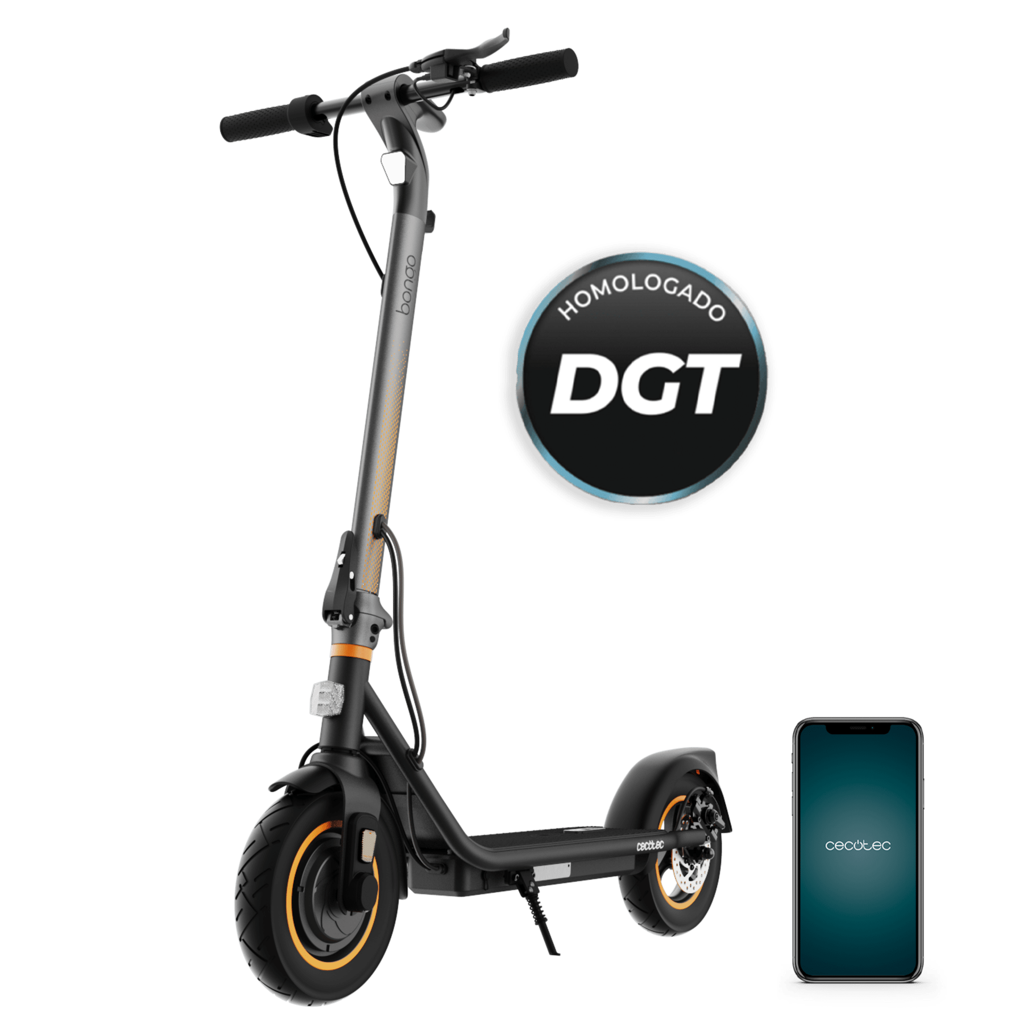 Scooter elétrica Bongo D30 XL Connected com potência máxima de 700W e pneus de 10" que permitem superar encostas e viajar confortavelmente em qualquer superfície. Com autonomia de até 30 km. Cumpre todos os requisitos das novas regras de trânsito espanholas.