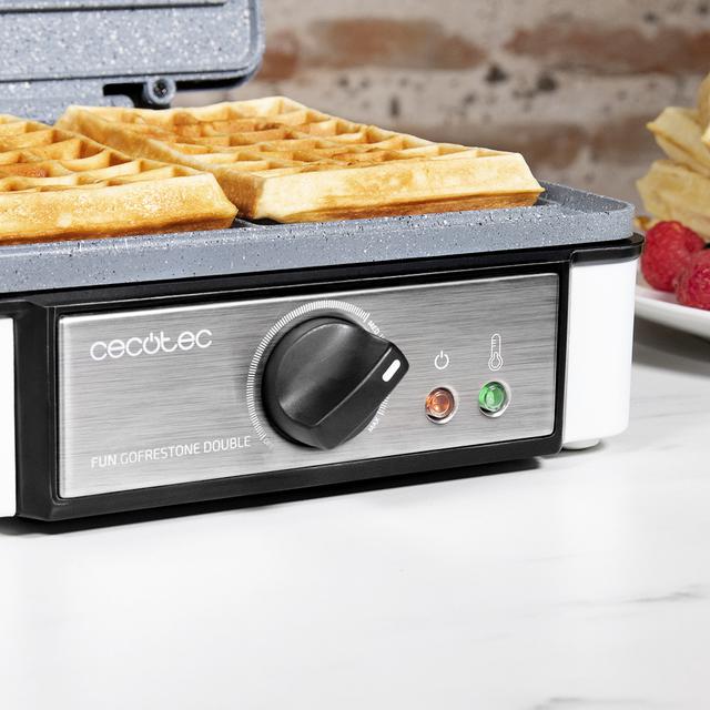 Fun Gofrestone Double - Máquina de waffles Revestimento antiaderente RockStone, Termóstato ajustável, Wafles de grande formato, 1200 W