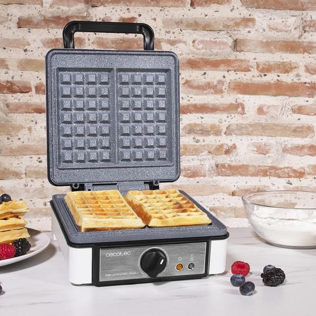 Fun Gofrestone Double - Piastra elettrica per waffle con rivestimento RockStone, Termostato regolabile, Waffle grande formato, 1200 W