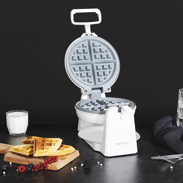 Fun Gofrestone Sphere. Máquina de waffles de 1000 W, revestimento antiaderente RockStone, design circular, rotação de 180° para uma utilização ótima, indicador luminoso, proteção contra sobreaquecimento