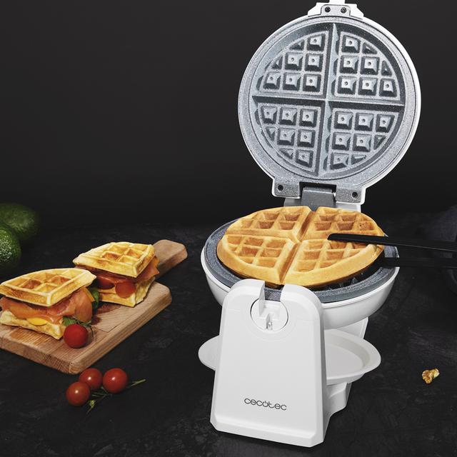 Fun Gofrestone Sphere. Máquina de waffles de 1000 W, revestimento antiaderente RockStone, design circular, rotação de 180° para uma utilização ótima, indicador luminoso, proteção contra sobreaquecimento