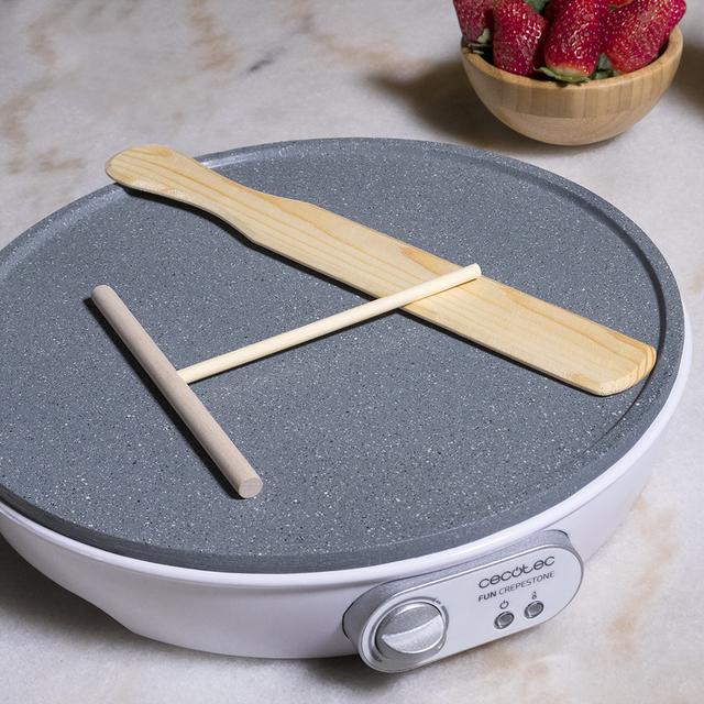 Fun Crepestone Crêpesmaker 1000 W, antihaftbeschichtete RockStone-Platte, einstellbarer Thermostat, Streuwalze und Spatel im Lieferumfang enthalten, Kontrollleuchte, 30,5 cm