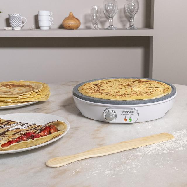 Máquina para crepes Fun Crepestone. 1000 W, Placa com revestimento antiaderente RockStone, Termóstato ajustável, Rolo de espalhamento e Espátula Incluído, 30,5 cm