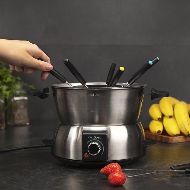 Fun GourmetFondue. Fondue eléctrica con 1000 W de Potencia, Termostato Regulable, Acero Inoxidable, para Queso, Chocolate y Aceite, Incluye 8 Tenedores, Piezas aptas para lavavajillas