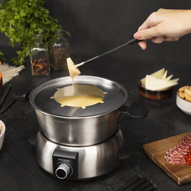 Fun GourmetFondue. Fondue eléctrica con 1000 W de Potencia, Termostato Regulable, Acero Inoxidable, para Queso, Chocolate y Aceite, Incluye 8 Tenedores, Piezas aptas para lavavajillas