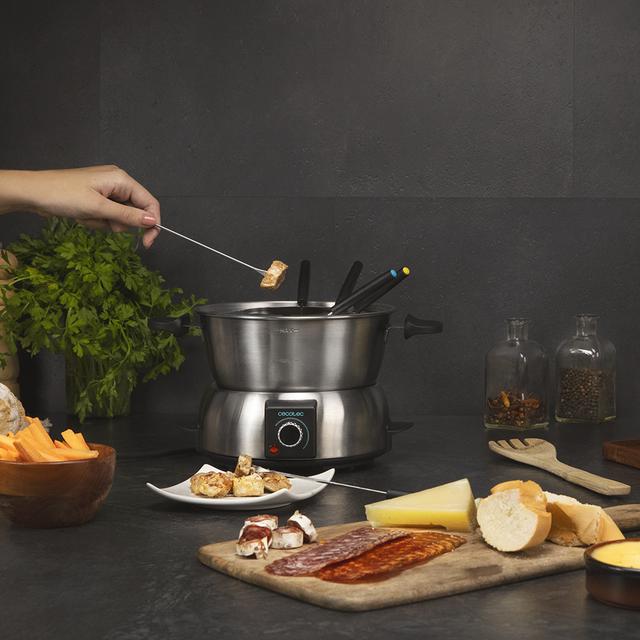 Fun GourmetFondue. Fondue elétrica de 1000 W de potência, termostato regulável, Aço Inoxidável, Para queijo, chocolate e óleo, Inclui 8 garfos, Peças aptas para a máquina de lavar loiça