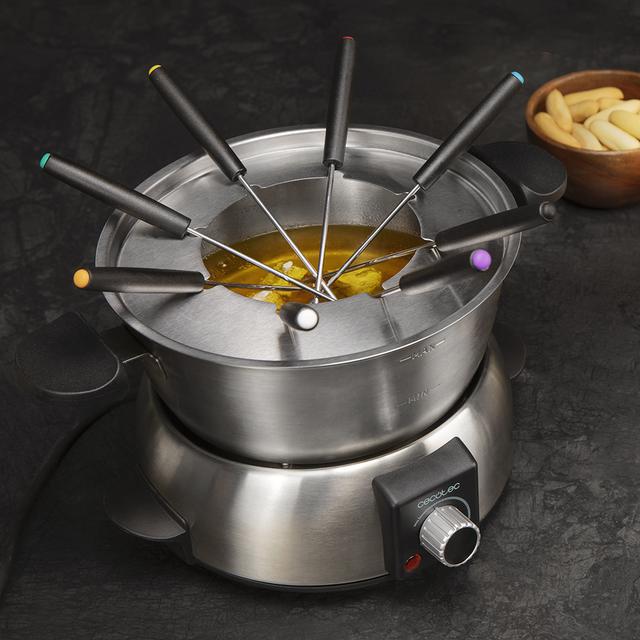 Fun GourmetFondue. Fondue elétrica de 1000 W de potência, termostato regulável, Aço Inoxidável, Para queijo, chocolate e óleo, Inclui 8 garfos, Peças aptas para a máquina de lavar loiça