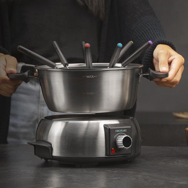 Fun GourmetFondue. Fondue eléctrica con 1000 W de Potencia, Termostato Regulable, Acero Inoxidable, para Queso, Chocolate y Aceite, Incluye 8 Tenedores, Piezas aptas para lavavajillas