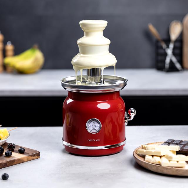 Fun Chocolicious. Fuente de Chocolate con Potencia 90 W, Diseño Retro, Torre de Acero Inoxidable, 3 Niveles de Cascada, Desmontable, Piezas aptas para lavavajillas