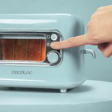 RetroVision Blue Toaster mit Glasfensterwand und Retro-Design. Kurze Schlitze mit Platz für zwei breite Toastscheiben. Inklusive Staubschutzhülle. 700 W Leistung und 5 Röststufen.