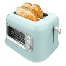 RetroVision Blue Toaster mit Glasfensterwand und Retro-Design. Kurze Schlitze mit Platz für zwei breite Toastscheiben. Inklusive Staubschutzhülle. 700 W Leistung und 5 Röststufen.