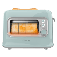 RetroVision Blue Toaster mit Glasfensterwand und Retro-Design. Kurze Schlitze mit Platz für zwei breite Toastscheiben. Inklusive Staubschutzhülle. 700 W Leistung und 5 Röststufen.