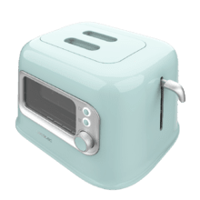 RetroVision Blue Toaster mit Glasfensterwand und Retro-Design. Kurze Schlitze mit Platz für zwei breite Toastscheiben. Inklusive Staubschutzhülle. 700 W Leistung und 5 Röststufen.