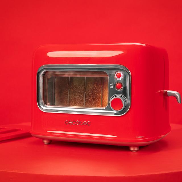 Tostapane RetroVision Red con finestra in vetro, design retrò e copertura antipolvere.