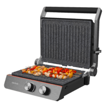 Rock'nGrill Blaze Neon 2200 W Elektrogrill mit einstellbarer Zeit und Temperatur, abnehmbaren Platten mit RockStone-Beschichtung, spülmaschinenfest und 180°-Öffnung.