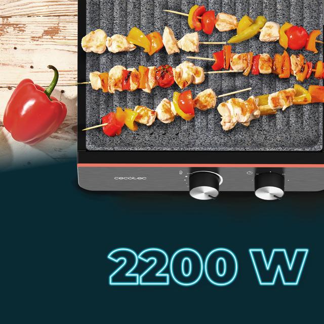 Rock'nGrill Blaze Neon Parrilla eléctrica de 2200 W que ajusta el tiempo y temperatura, posee placas extraíbles con revestimiento RockStone aptas para lavavajillas y apertura de 180º.