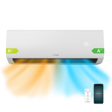 Ar condicionado split AirClima 9000 Multi Indoor Connected 9000 BTU com bomba de calor, controle remoto, tela LED e controle Wi-Fi. Sistema inversor. 5 modos e 8 velocidades. Desumidificação diária de 24 L/dia e área de cobertura de 16 m2. Vazão de ar de 420 m3/h, temporizador de 24 horas, filtro de ar, gás R32, motor DC. Classificação energética A + +/A + e potência de 2600 W para frio e 2610 W para calor.