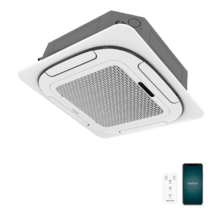 AirClima 18000 Cassette Indoor Connected Aire acondicionado de cassette de 18000 BTU con bomba de calor, mando a distancia, pantalla LED y control por wifi. Sistema Inverter. 5 modos y 8 velocidades. Deshumidificación diaria de 28,8 L/ día y área de cobertura de 35 m2. Caudal de aire de 800 m3/h, temporizador 24 h, filtro de aire, gas R32, motor DC. Clasificación energética A + +/A + y potencia de 5100 W para el frío y 5100 W para el calor