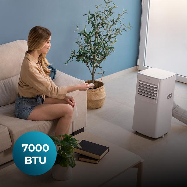 ForceClima 7100 Soundless 7000 BTU tragbare Klimaanlage mit Soundless-Technologie, die einen leiseren Betrieb und eine Fernbedienung für absoluten Komfort bietet.