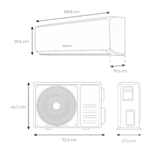 Climatizzatore split AirClima 9000 Smartfresh 9000 BTU con pompa di calore, telecomando e display a LED. Sistema inverter. 5 modalità e 8 velocità. Deumidificazione giornaliera di 24 L/giorno e area di copertura di 16 m2. Portata aria 420 m3/h, timer 24 ore, filtro aria, gas R32, motore DC. Classificazione energetica A++/A+ e potenza di 2600 W per il freddo e 2610 W per il caldo. Compressore da esterno con protezione IPX4.