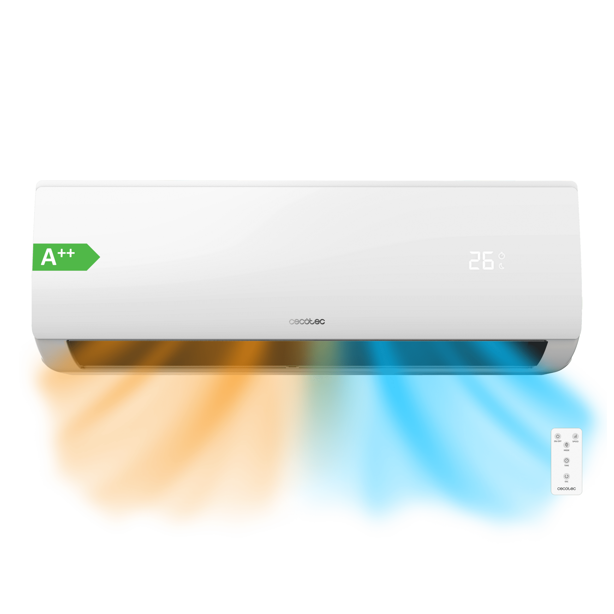 Climatizzatore split AirClima 9000 Smartfresh 9000 BTU con pompa di calore, telecomando e display a LED. Sistema inverter. 5 modalità e 8 velocità. Deumidificazione giornaliera di 24 L/giorno e area di copertura di 16 m2. Portata aria 420 m3/h, timer 24 ore, filtro aria, gas R32, motore DC. Classificazione energetica A++/A+ e potenza di 2600 W per il freddo e 2610 W per il caldo. Compressore da esterno con protezione IPX4.