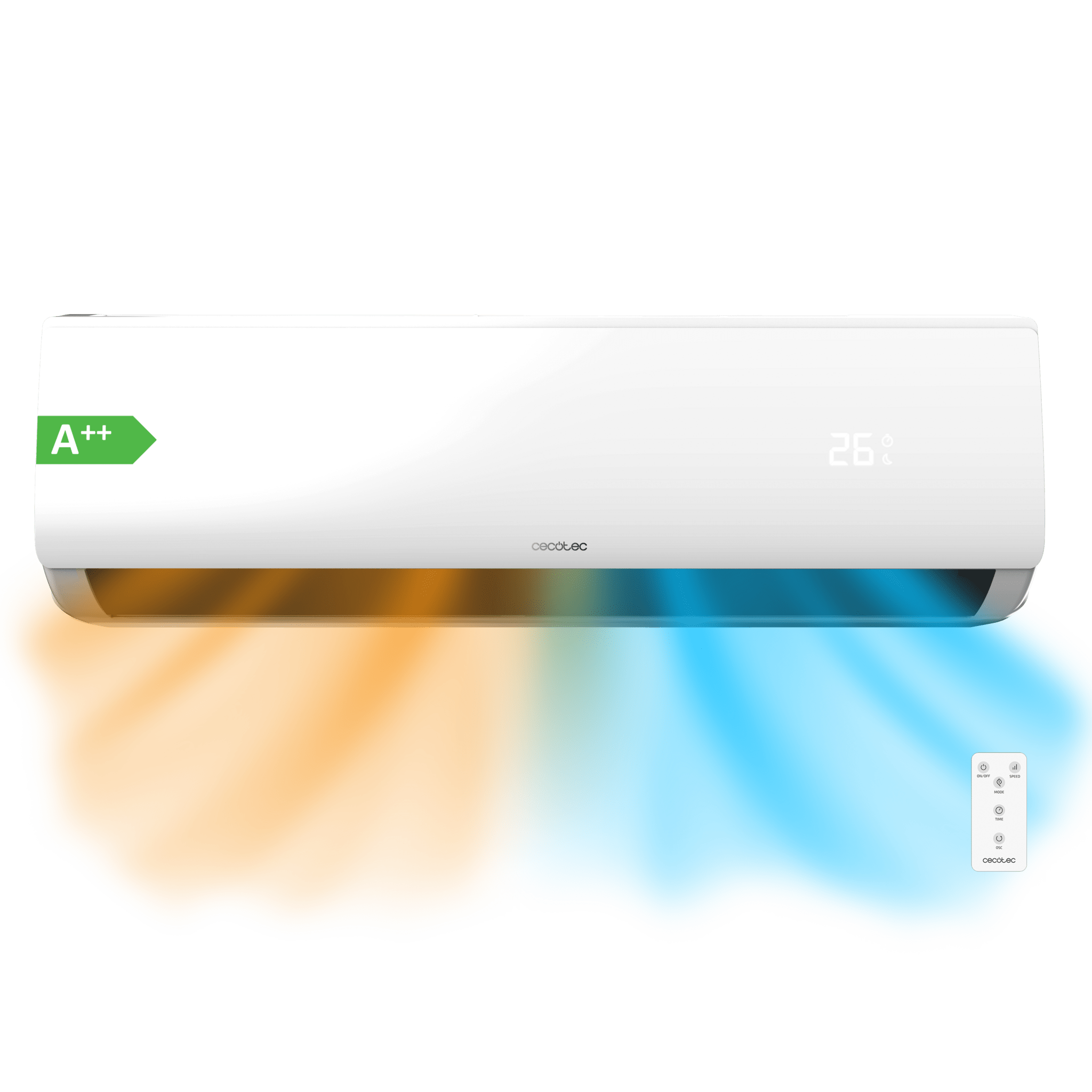 Climatiseur split AirClima 18000 Smartfresh 18000 BTU avec pompe à chaleur, télécommande et affichage LED. Système d'onduleur. 5 modes et 8 vitesses. Déshumidification quotidienne de 36 L/jour et zone de couverture de 35 m2. Débit d'air de 800 m3/h, minuterie 24h, filtre à air, gaz R32, moteur DC. Classe énergétique A++ / A+ et puissance de 5100 W pour le froid et 5100 W pour le chaud. Compresseur extérieur avec protection IPX4.