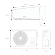 AirClima 24000 Smartfresh Ar condicionado split de 24000 BTU com bomba de calor, controlo remoto e ecrã LED. Sistema Inverter. 5 modos e 8 velocidades Desumidificação díaria de 43,2 L/dia e área de cobertura de 45 m2. Caudal de ar de 980 m3/h, temporizador 24 h, filtro de ar, gás R32, motor DC. Classificação energética A + +/A + + e potência de 6810 W para arrefecer e 6870 W para aquecer.  Compressor exterior com proteção IPX4