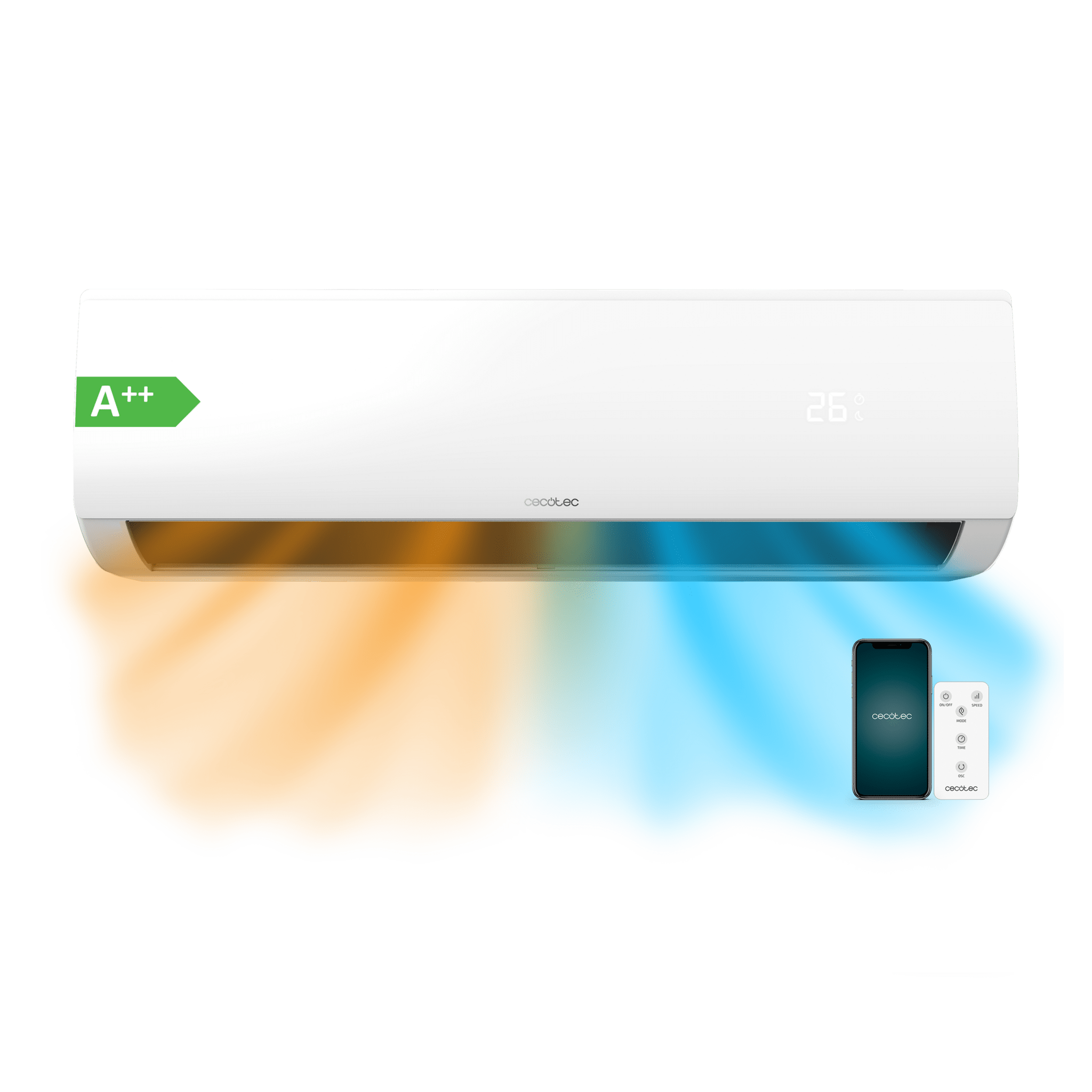 AirClima 12000 Smartfresh Connected Ar condicionado split de 12000 BTU com bomba de calor, controlo remoto, ecrã LED e WiFi. Sistema Inverter. 5 modos e 8 velocidades Desumidificação díaria de 28,8 L/dia e área de cobertura de 22 m2. Caudal de ar de 550 m3/h, temporizador 24 h, filtro de ar, gás R32, motor DC. Classificação energética A++/A+ e potência de 3400 W para arrefecimento e 3420 W para aquecimento. Compressor exterior com proteção IPX4