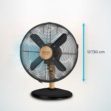 Ventilateur de bureau EnergySilence 600 WoodDesk avec 40 W et finition couleur bois, 12 pouces, 3 vitesses, oscillation, silencieux, hauteur réglable, 4 pales et sécurité maximale.