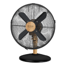 Ventilateur de bureau EnergySilence 600 WoodDesk avec 40 W et finition couleur bois, 12 pouces, 3 vitesses, oscillation, silencieux, hauteur réglable, 4 pales et sécurité maximale.