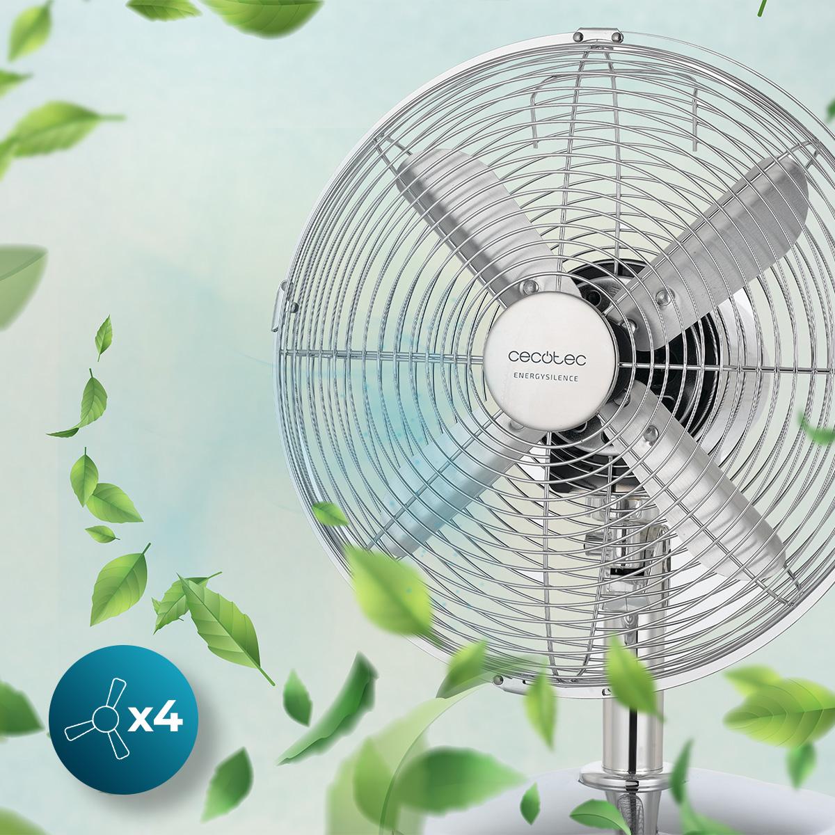 Detalle de las 4 aspas aerodinámicas del ventilador Cecotec EnergySilence 620 RetroDesk