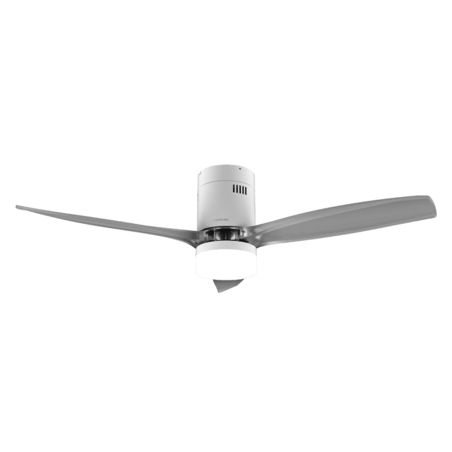 EnergySilence Aero 5285 Sun WhiteTransparent Ventilador de techo de 40 W y 52” con mando a distancia, control por wifi y mando a distancia, protección IP44, 6 velocidades, 3 aspas, modo winter-summer y temporizador de hasta 8 horas.