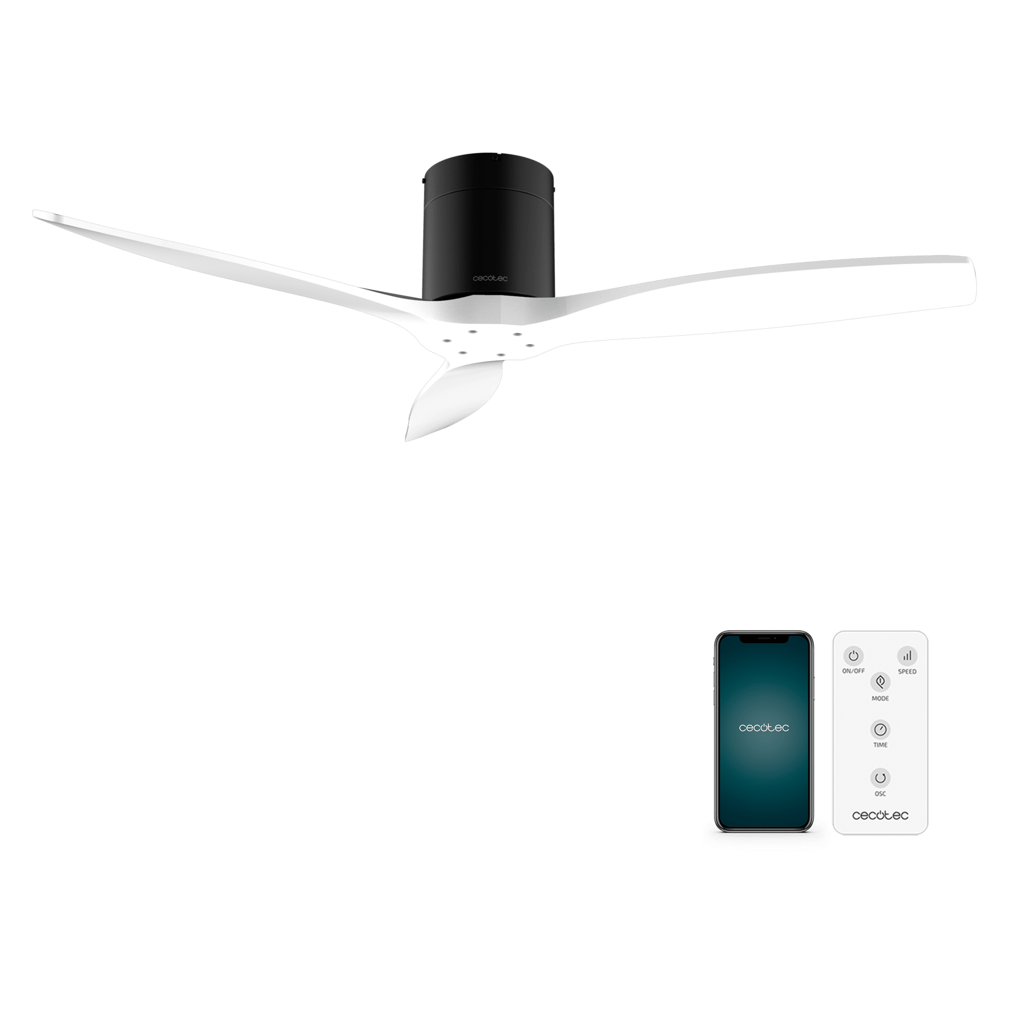 EnergySile Aero 5500 Aqua Black&Whi Con 40 W 52" Deckenventilator mit Fernbedienung, WiFi und Fernbedienung, IP44 Schutz, 6 Geschwindigkeiten, 3 Flügel, Winter-Sommer-Modus und Timer bis zu 8 Stunden.
