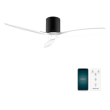 EnergySile Aero 5500 Aqua Black&Whi Con Ventilateur de plafond de 40 W et 52” avec télécommande, contrôle via Wi-Fi, protection IP44, 6 vitesses, 3 pales, mode hiver-été et minuterie jusqu’à 8 heures.