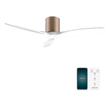 EnerSil Aero 5500 Aqua GoldWhiteWood Con Ventilateur de plafond de 40 W et 52” avec télécommande, contrôle via Wi-Fi, protection IP44, 6 vitesses, 3 pales, mode hiver-été et minuterie jusqu’à 8 heures.