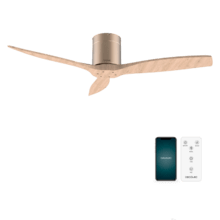 EnerSile Aero 5500 Aq GoldWhiteWood Con Ventoinha de teto de 40 W e 52’’ com controlo remoto, controlo por Wi-Fi e controlo remoto, proteção IP44 6 velocidades, 3 pás e modo Inverno/Verão e temporizador até 8 h.