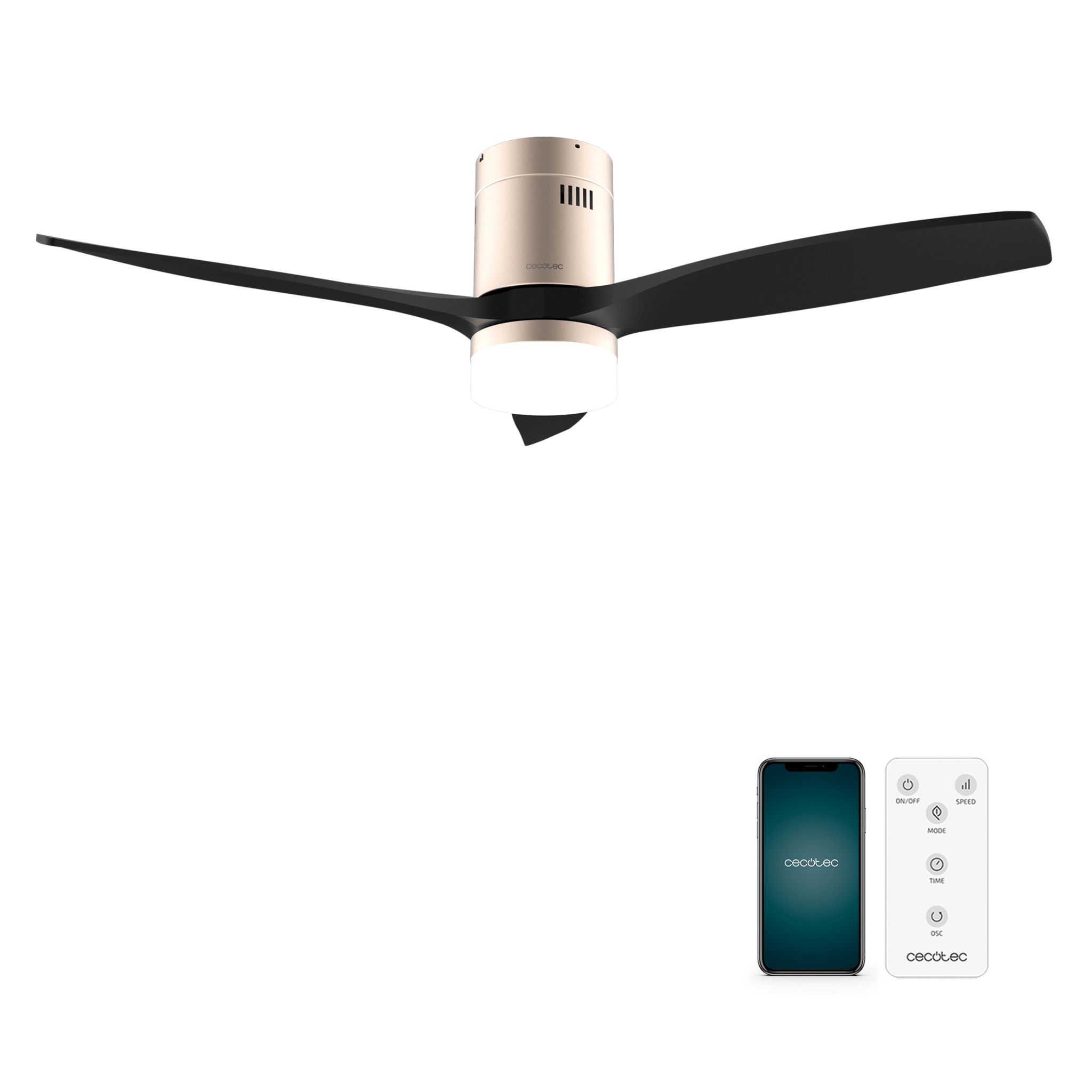EnergySilence Aero 5600 Aqua GoldBlack Connected Ventilatore da soffitto da 40 W e 52" con telecomando, Wi-Fi e telecomando, protezione IP44, 6 velocità, 3 pale, modalità winter-summer e timer fino a 8 ore.