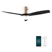 EnerSile Aero 5600 Aqua GoldBlack Con Ventilateur de plafond de 40 W et 52” avec télécommande, contrôle via Wi-Fi, protection IP44, lampe, 6 vitesses, 3 pales, mode Hiver-Été et minuterie jusqu’à 8 heures.