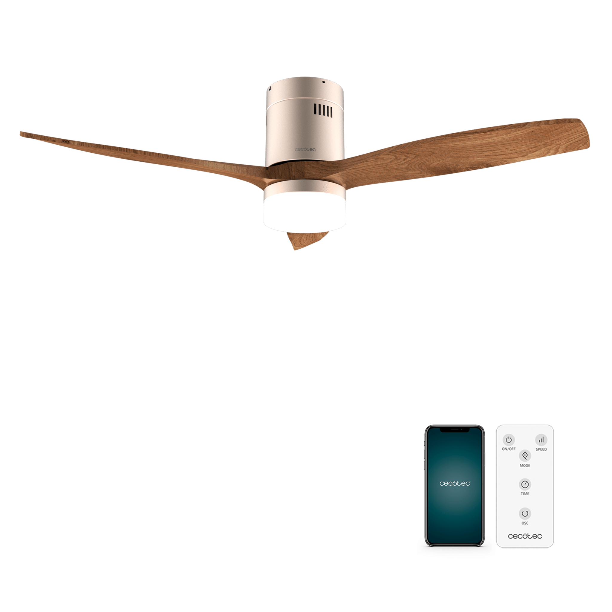 EnerSile Aero 5600 Aqua GoldDarkWood Con 40 W 52" Deckenventilator mit Fernbedienung, WiFi und Fernbedienung, IP44 Schutz, Licht, 6 Geschwindigkeiten, 3 Flügel, Winter-Sommer-Modus und Timer bis zu 8 Stunden.
