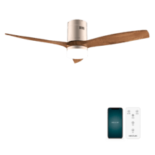 EnerSile Aero 5600 Aqua GoldDarkWood Con Ventilatore da soffitto da 40 W e 52" con telecomando, Wi-Fi e telecomando, protezione IP44, 6 velocità, 3 pale, modalità winter-summer e timer fino a 8 ore.