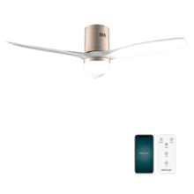 EnerSile Aero 5600 Aq GoldWhiteWood Con Ventilatore da soffitto da 40 W e 52" con telecomando, Wi-Fi e telecomando, protezione IP44, 6 velocità, 3 pale, modalità winter-summer e timer fino a 8 ore.