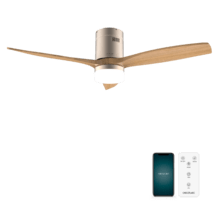 EnerSile Aero 5600 Aqua GoldWhiWood Con Ventilateur de plafond de 40 W et 52” avec télécommande, contrôle via Wi-Fi, protection IP44, lampe, 6 vitesses, 3 pales, mode Hiver-Été et minuterie jusqu’à 8 heures.