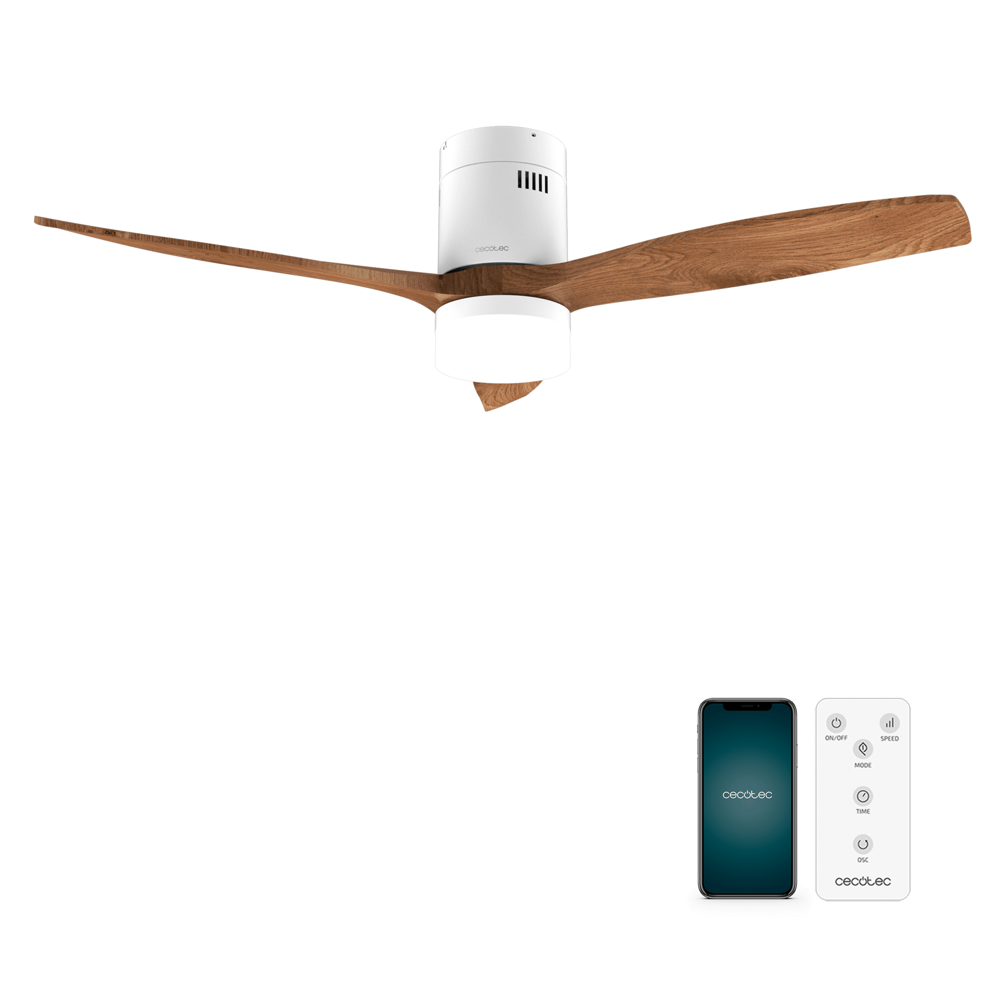 EnerSile Aero 5600 Aqua WhiDarkWood Con Ventilatore da soffitto da 40 W e 52" con telecomando, Wi-Fi e telecomando, protezione IP44, 6 velocità, 3 pale, modalità winter-summer e timer fino a 8 ore.