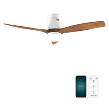 EnergySilence Aero 5600 Aqua WhiteDarkWood Connected 40 W und 52 Zoll Deckenventilator mit Fernbedienung, WiFi-Steuerung und Fernbedienung, IP44-Schutz, Licht, 6 Geschwindigkeiten, 3 Flügel, Winter-Sommer-Modus und Timer bis zu 8 Stunden.