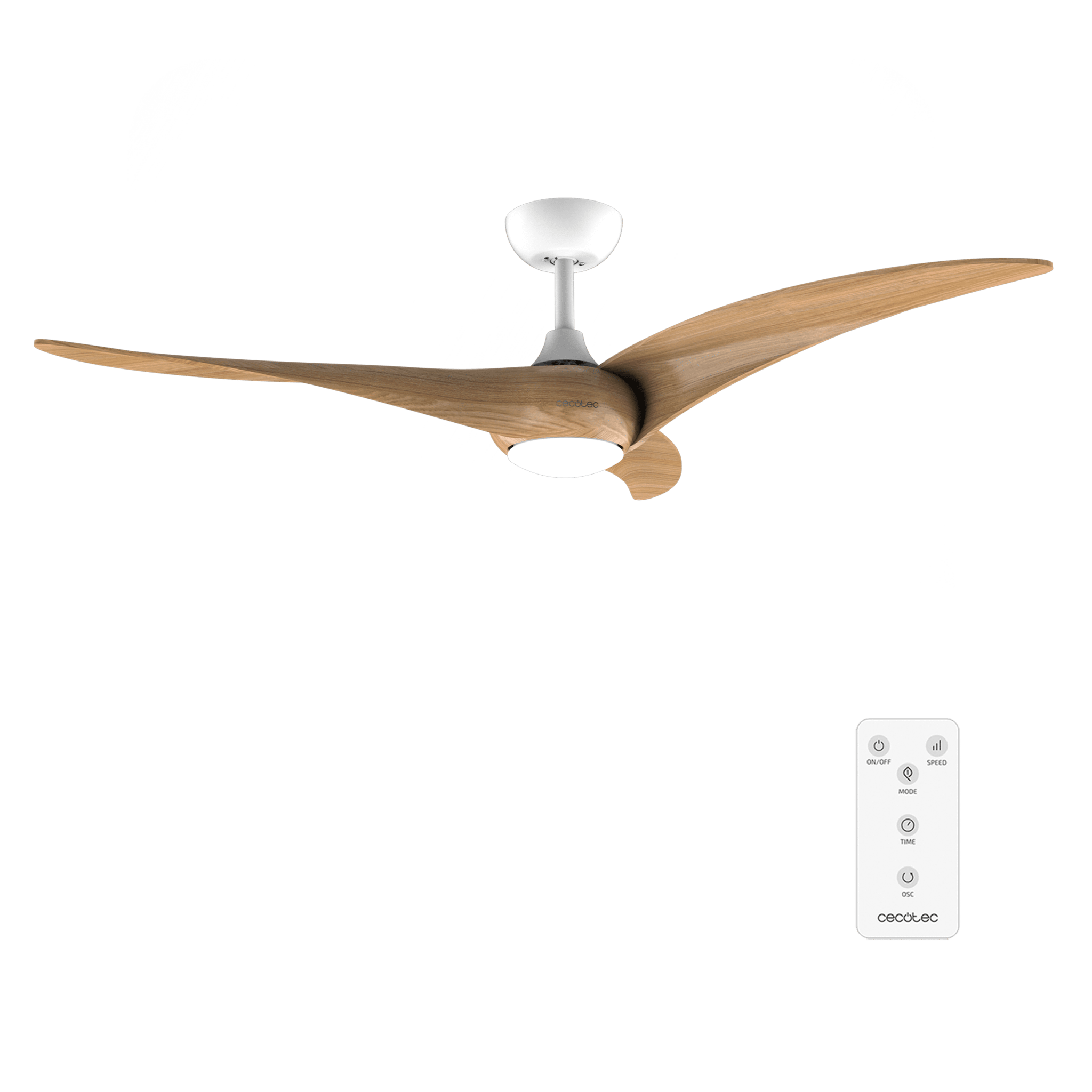 EnergySilence Aero 5295 WhiteWood Ventilatore da soffitto, con motore DC da 40W, 54 pollici, con luce LED da 15W, 3 tonalità selezionabili, 3 pale, timer programmabile.