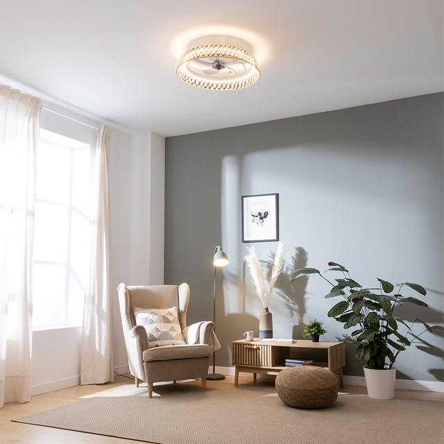 EnergySilence LampAero 610 Natur Design Ventilatore da soffitto di design con motore DC, con potenza di 20W e luce a LED da 45W, con 5 pale da 17 pollici, telecomando, 6 velocità, 3 tonalità di luce disponibili, timer e modalità inverno/estate.